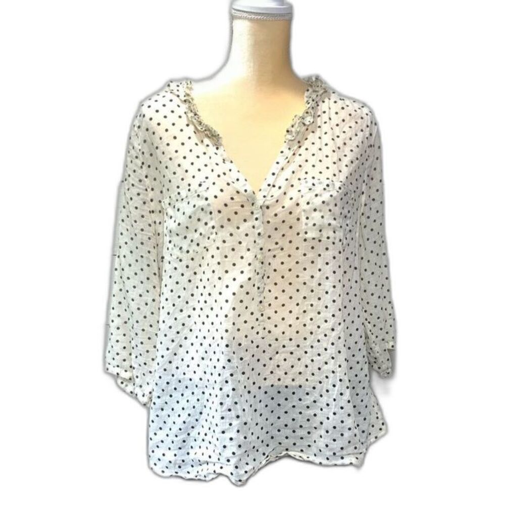 Women’s White Black Polka Dot Blouse Large‎ Parisian Chic Cottagecore Shirt